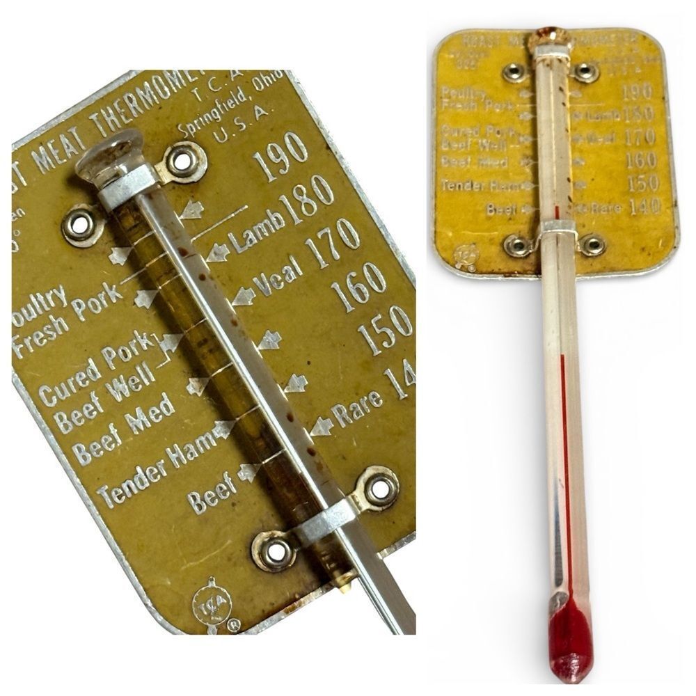 Vintage TCA Roast Meat Thermometer Springfield Ohio USA Yellow Aluminum & Glass